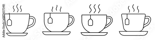 Four tea cups with teabags emitting steam, a linear artistic rendering
