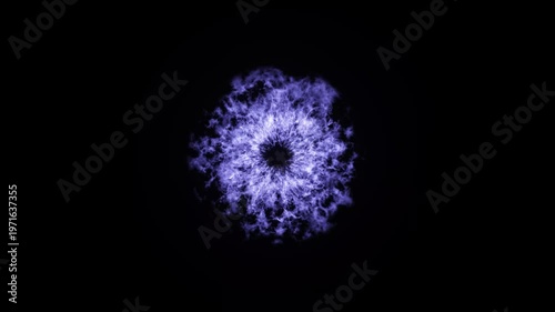 Radiant violet energy blast with mystical flames and a dark central eye, exploding in a perfect sphere with glowing sparks and light waves on a black background, ideal for epic cinematic titles. 4k