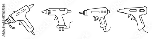Set of black and white line drawings of multiple glue guns