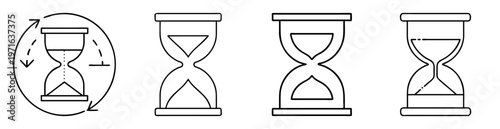 Four different outlined hourglasses, each representing a different stage of time passing