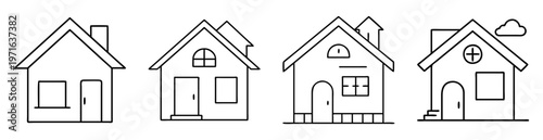 Collection of four cute house outline drawings with variations in design features
