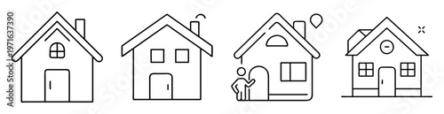 Line art illustration of four distinct house designs, each with chimney