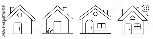 Linear representation of four houses with different styles and characteristics