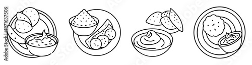 Monochrome drawing showcasing a quartet of appetizer plates with chips and dips