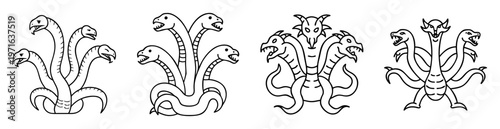 Stylized depictions of the mythical Hydra creature with multiple heads in black lines