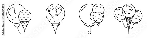 Four whimsical ice cream icons, balloon ice cream, cute, black and white