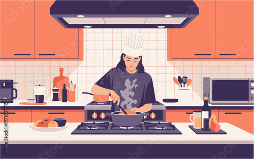 A dedicated chef wearing a traditional hat, meticulously prepares a delicious meal in a modern, well-equipped kitchen, showcasing culinary artistry and passion.
