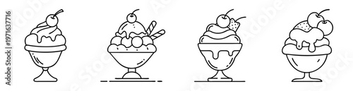 Set of four black and white outline ice cream sundae illustrations
