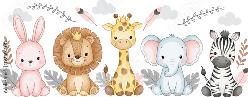 Cute Safari Animal Set with Bunny, Lion, Giraffe, Elephant, and Zebra for Kids' Room, Nursery, and Baby Shower Designs