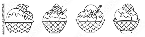 Four ice cream sundaes in waffle bowls, line art style, vector image