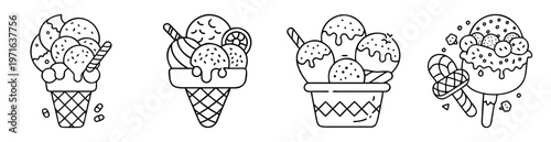 Hand drawn vector illustration of assorted ice cream scoops, cones, and popsicles