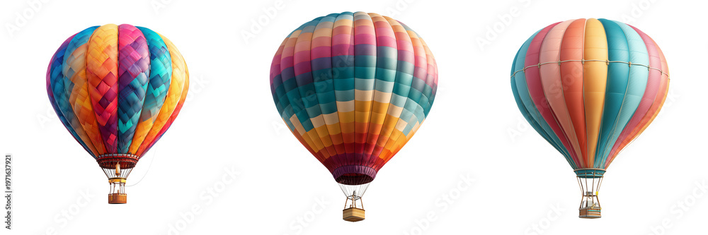 Fototapeta premium Set of Hot air balloon partially inflated with fabric folds and texture emphasized on transparent png background. Ai generated