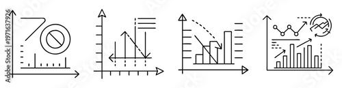 Vector line art illustration of four business charts and graphs, analysis