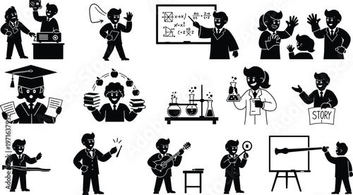 Education icons, academic illustrations, teacher student, graduation cap, science lab, storytelling, music learning, math board, presentation, backpack, violin, guitar, chemistry