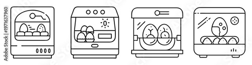 Four distinct illustrations of egg incubators with various designs and features