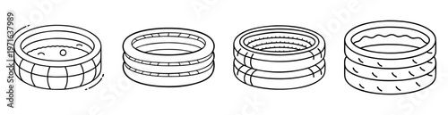 Four distinct layered cylinder illustrations with varying inner and outer patterns