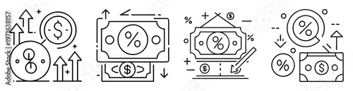 Financial Concepts in Black and White Outlines Representing Growth and Decrease