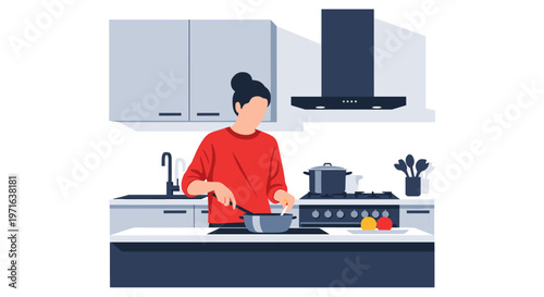 A woman in a modern kitchen preparing a meal on the stove, showcasing contemporary home cooking and culinary activities.