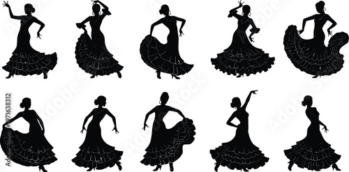 Flamenco dancer silhouettes in traditional dresses, dramatic poses, expressive movement, Spanish cultural dance art, elegant performance illustration, abstract artistic design