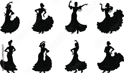 Flamenco dancer silhouettes in ruffled dresses, expressive Spanish dance poses, cultural performance art, elegant movement illustration, dramatic traditional dance design, accessories