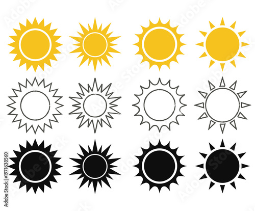 Bright Sun Icons Set Summer Weather Symbol Vector Pack