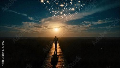 Man walking on pathway towards sunset under starry sky  