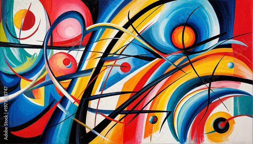 Abstract painting with vibrant colors and dynamic shapes  