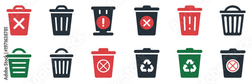 Trash bin and recycle icon pack garbage waste delete disposal symbols in solid and outline, waste sorting and recycling bin icon set collection, environmental cleanup and garbage disposal concept