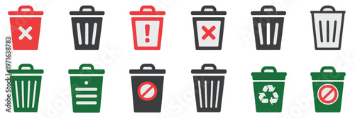 Trash bin and recycle icon pack garbage waste delete disposal symbols in solid and outline, environmental waste management and sorting concept icons, recycling and refuse removal system graphics