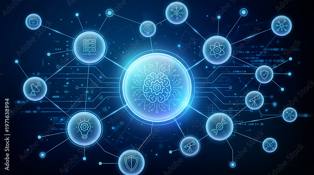 Obraz premium Futuristic Digital Network with Central AI Brain Symbolizing Global Technology Connections and Innovative Data Sharing Concepts