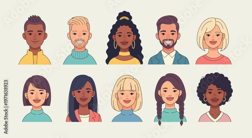 Flat vector illustration of diverse smiling people portraits arranged in two horizontal rows.