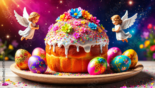 Colorful Easter cake with decorative angels and painted eggs  