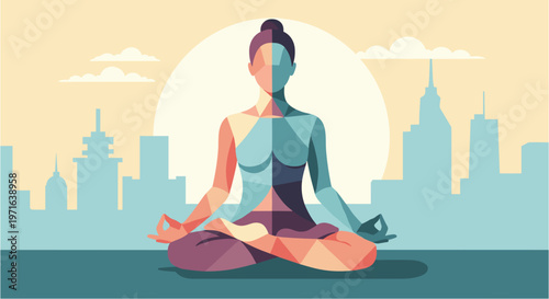 A serene woman practices meditation in a peaceful lotus pose, finding balance and tranquility amidst the bustling cityscape under a calming sky.
