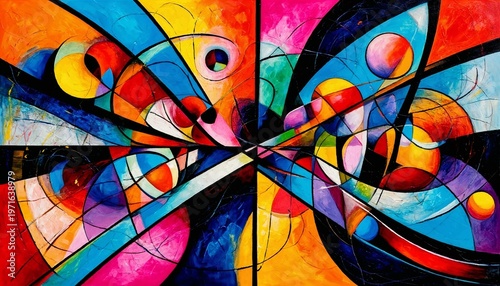 Abstract colorful painting with geometric shapes and dynamic lines  