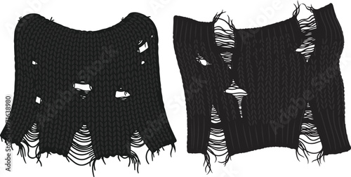 Distressed black knit fabric vector set, ripped wool sweater texture with holes, grunge aesthetic knitted textile elements for fashion design