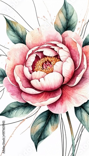 Pink peony flower illustration with green leaves on white background  