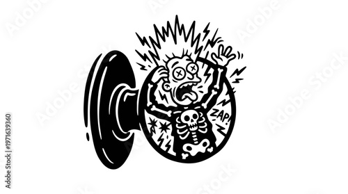 Minimalist Doorknob with Static Shock Cartoon Line Art, Monochrome Vector Illustration of Slapstick Electricity Humor