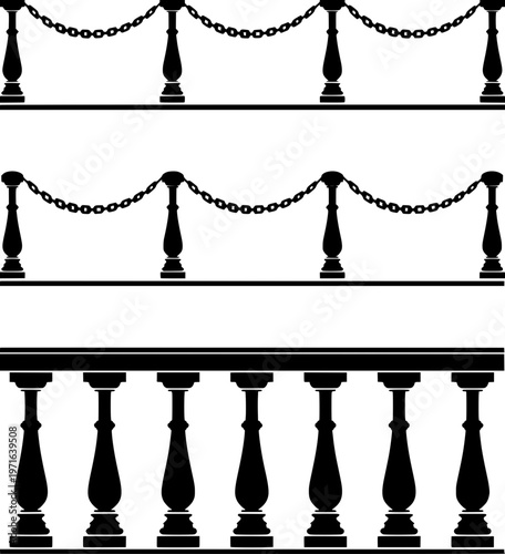 “Black silhouette of classic balcony railing with decorative balusters, symmetrical design, solid fill, isolated on white background, vector style”