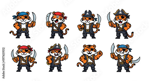 Cartoon tiger pirate characters set vector illustration