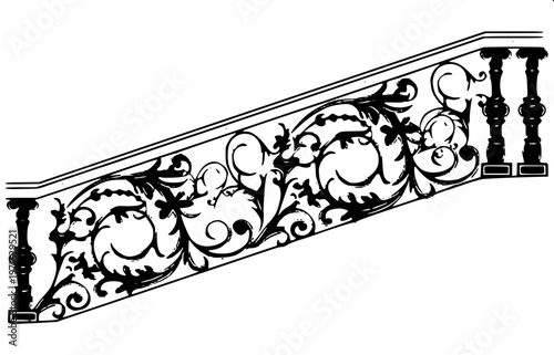 “Black silhouette of classic balcony railing with decorative balusters, symmetrical design, solid fill, isolated on white background, vector style”