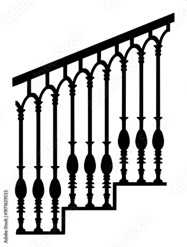 “Black silhouette of classic balcony railing with decorative balusters, symmetrical design, solid fill, isolated on white background, vector style”