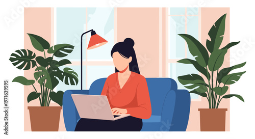 Young woman working remotely from home on her laptop, comfortably seated on a sofa amidst lush indoor plants, showcasing a modern freelance lifestyle.