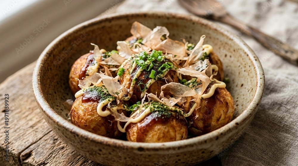 Fototapeta premium Takoyaki Octopus Balls with Bonito Flakes and Mayo Rustic Homestyle on Banana Leaf at Outdoor Night Market Overhead Flat Lay Food Stock Photo