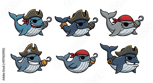 Cartoon whales pirates collection illustration vector design