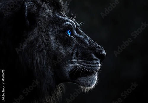 A side profile of a majestic black lion with a thick mane, featuring a striking, glowing blue eye against a dark, moody background