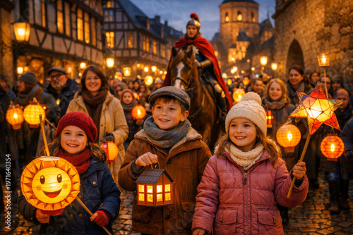 Kinder und Erwachsene beim stimmungsvollen Laternenumzug in historischer Altstadt, warme Lichter, Herbstabend, Tradition und Gemeinschaft.