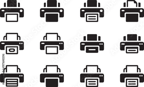 Office printer line icons collection showing diverse printing hardware equipment and document output options for business administration