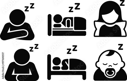 Collection of minimalist black icons for sleep and relaxation including people sleeping in bed, a woman resting on a pillow, and a baby with pacifier.