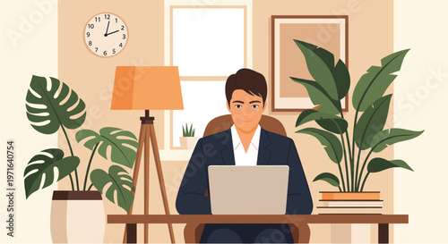 Professional man working remotely from home office, surrounded by lush green houseplants, illustrating modern flexible work-life balance.