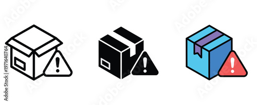 Shipping box with warning alert icon set, delivery package symbol with exclamation mark for fragile items, shipping error and logistics caution design, parcel handling warning indicator icons